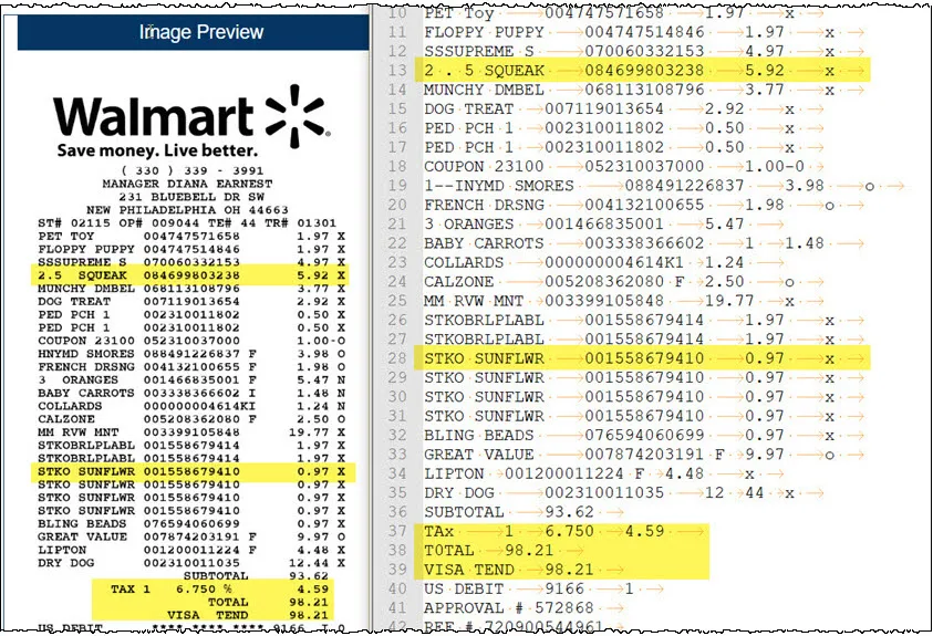 Walmart Receipt Scanning OCR Text Result